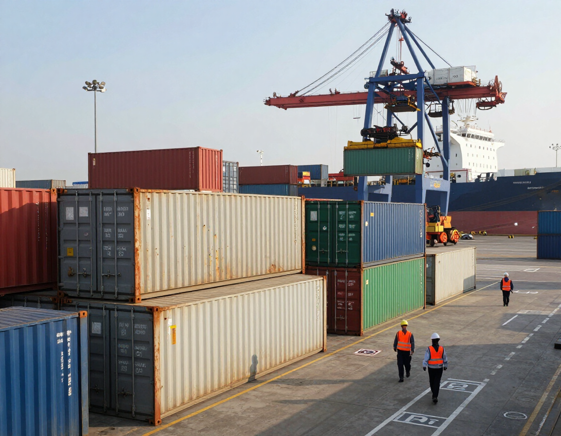 Contenedores de carga apilados en un puerto con una gran grúa y trabajadores con chalecos naranjas cerca.
