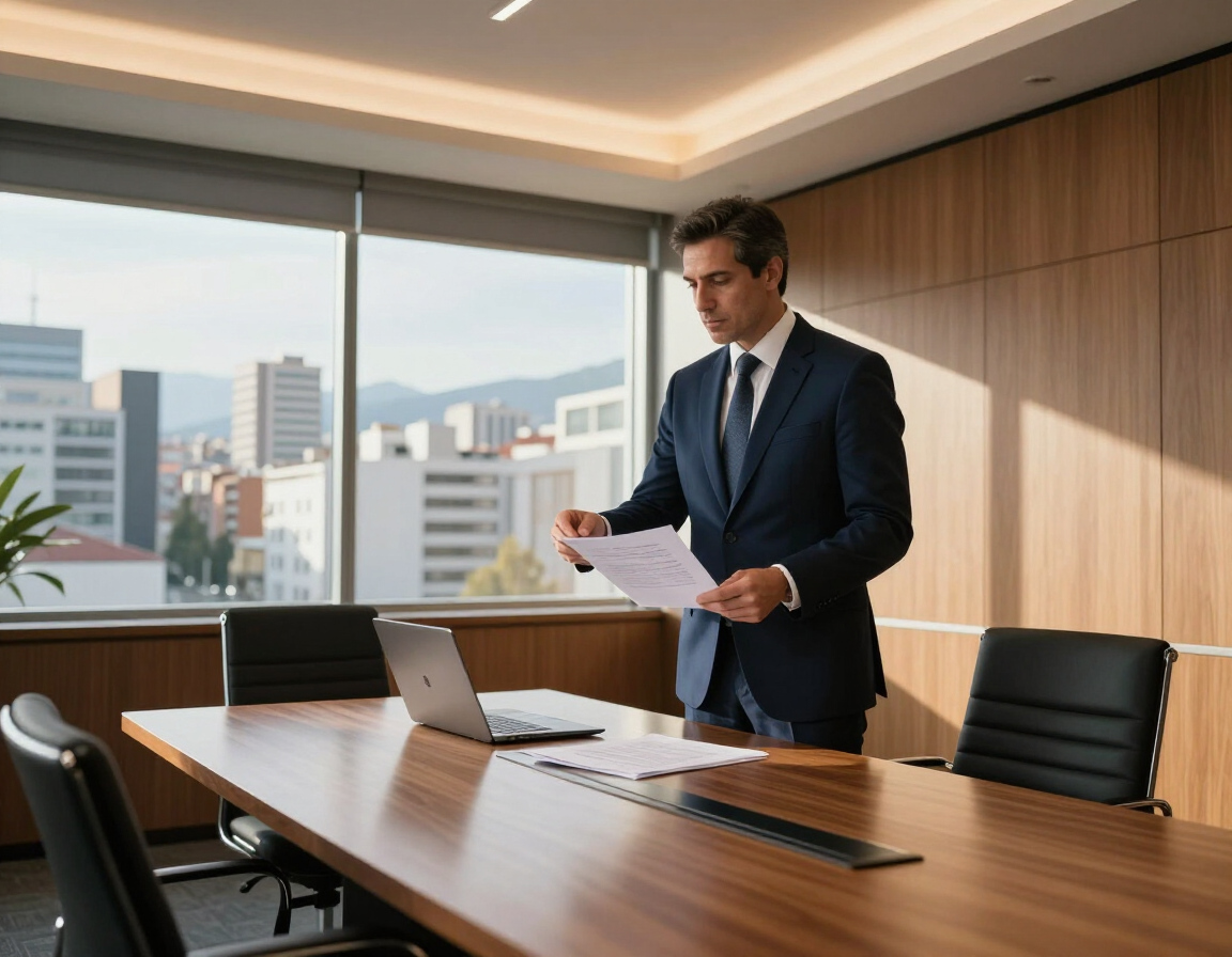 Un empresario se encuentra en una oficina moderna junto a una mesa de conferencias.