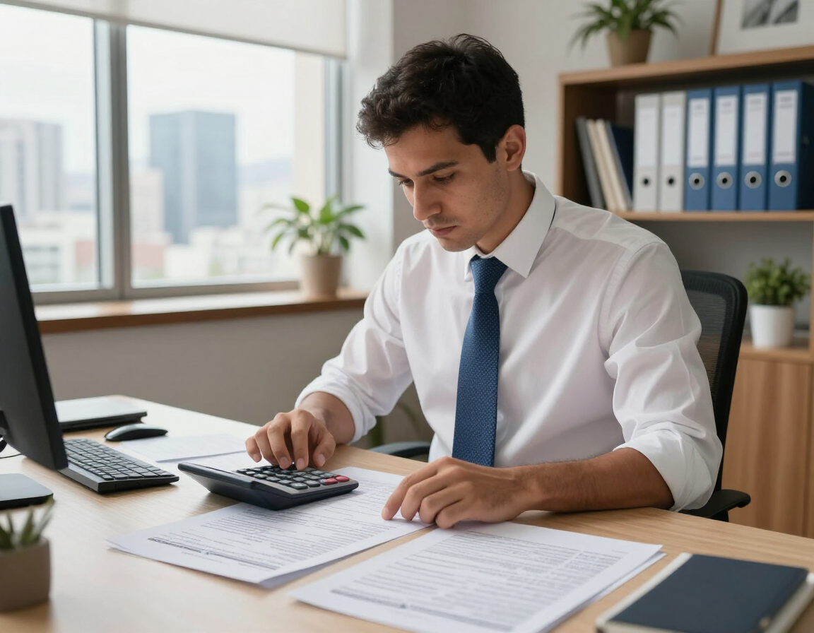 Hombre con camisa blanca y corbata azul trabajando en una calculadora en un escritorio de oficina.