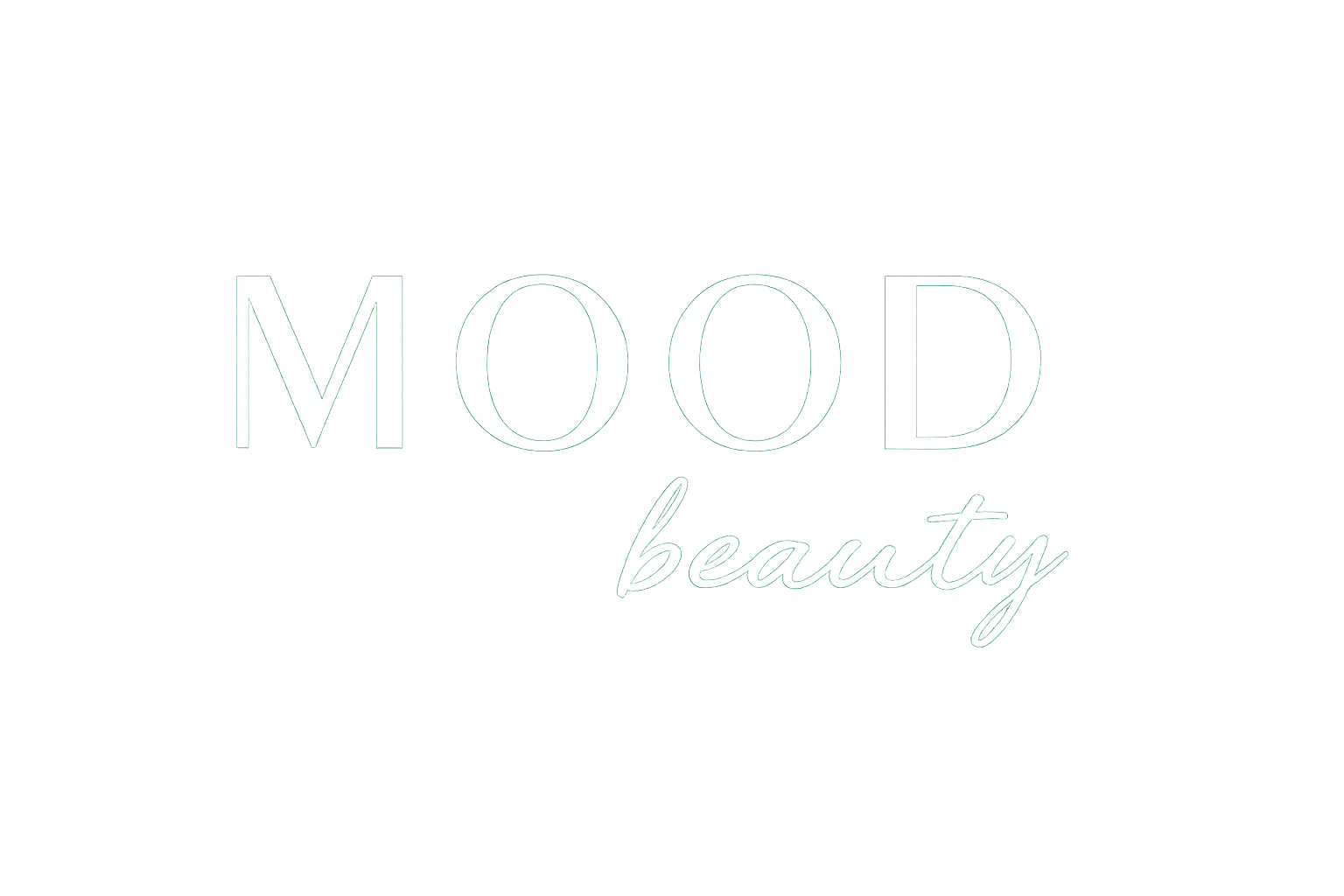 Logo for Mood Beauty, featuring the word "MOOD" above "beauty" in a light green, outlined font.