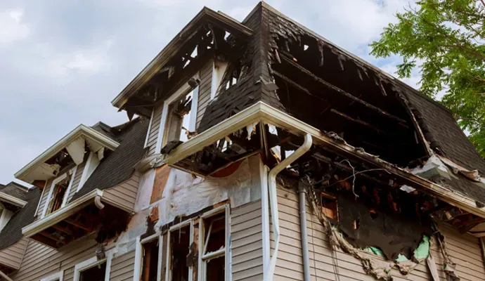 burned and charred two story house from fire damage