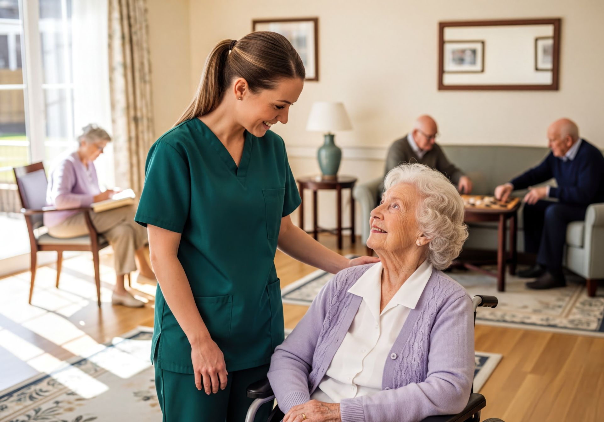 A caregiver in green scrubs smiling at an older person in a wheelchair, with others resting in a bright common area.