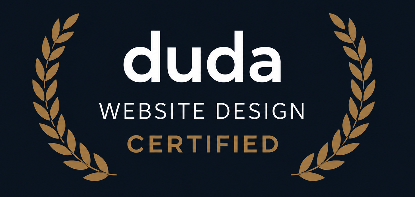 Duda Website Design Certified badge with gold laurel branches on a dark background