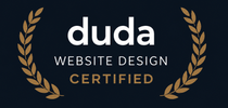 Duda Website Design Certified badge with gold laurel branches on a dark background