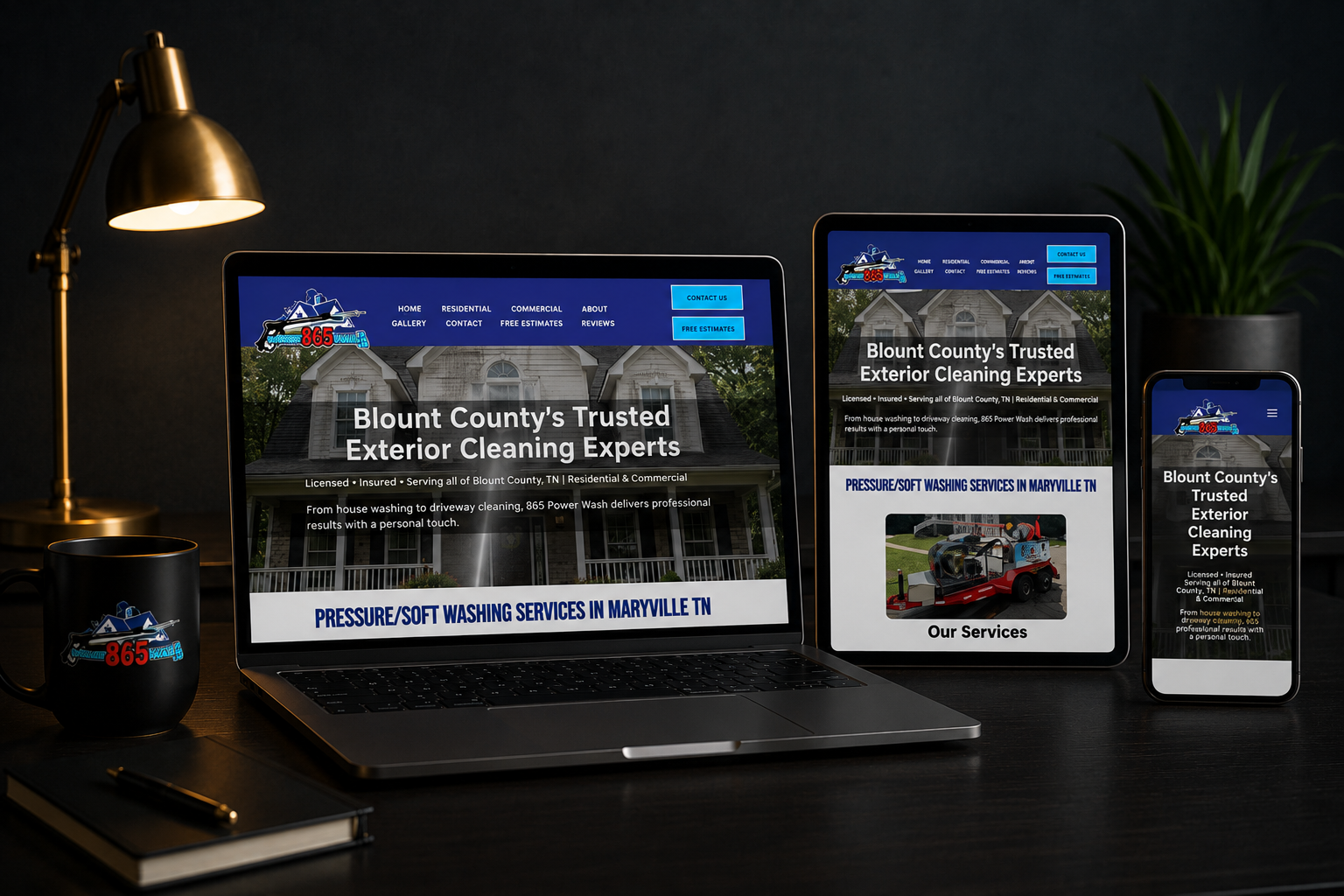 Laptop, tablet, and phone displaying a Mount County traffic outage webpage on a dark desk