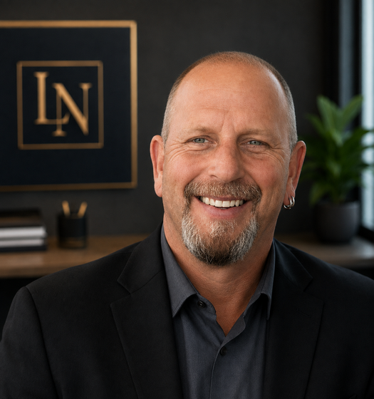 Smiling man in a dark blazer in an office, with a gold monogram logo on the wall behind him