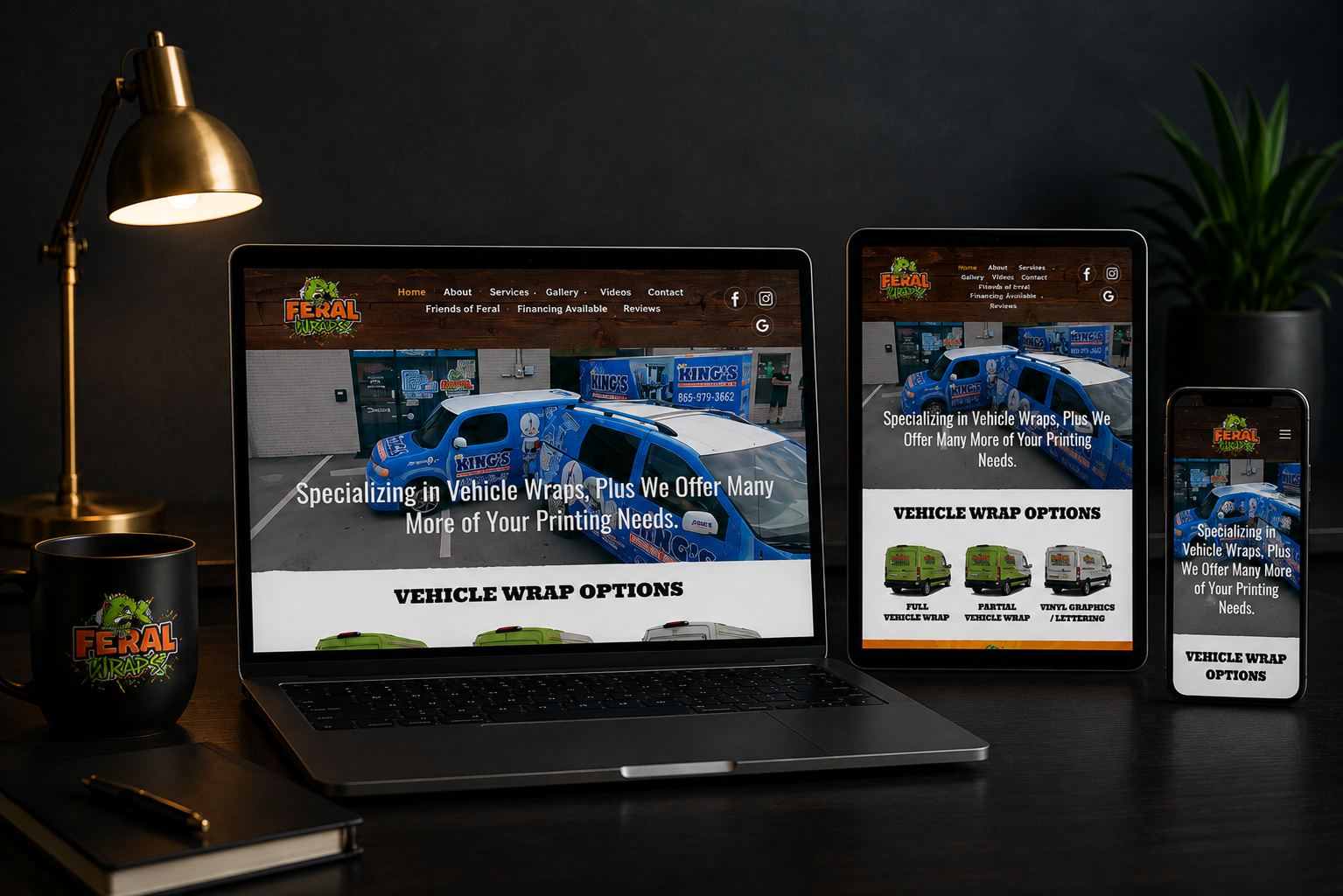 Multi-device e-commerce website shown on laptop, tablet, and phone on a dark desk with lamp and plant