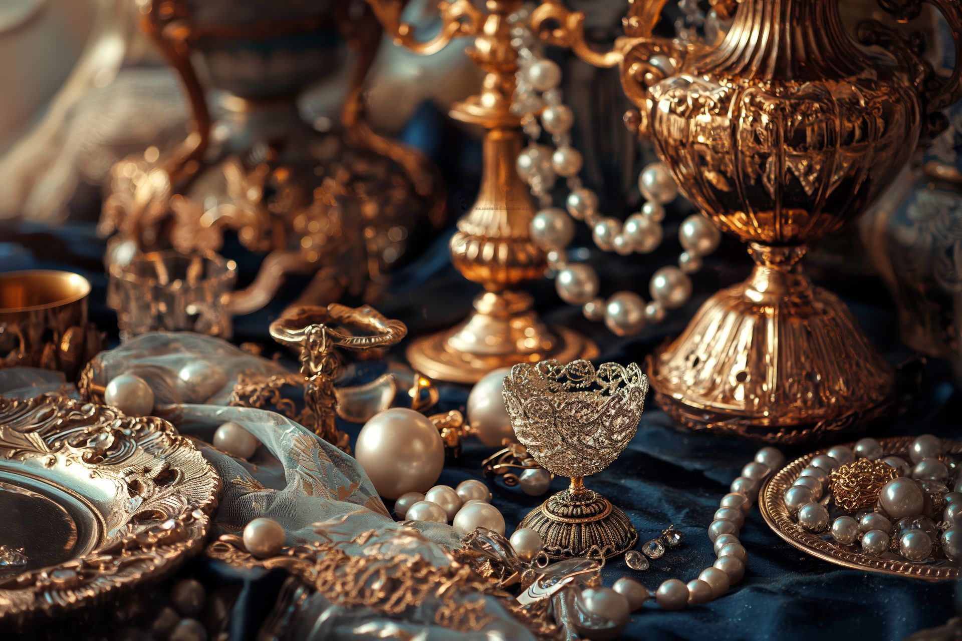 A man uses a jeweler's loupe to inspect a gold item at an outdoor antique market filled with vintage jewelry and clocks.