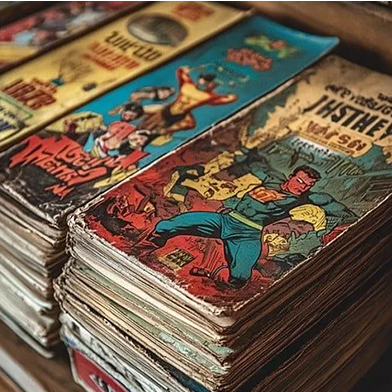 A stack of vintage comic books with colorful superhero cover art, viewed from an angle.
