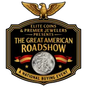 Logo for The Great American Roadshow, a national buying event by Elite Coins & Premier Jewelers, featuring a gold eagle.