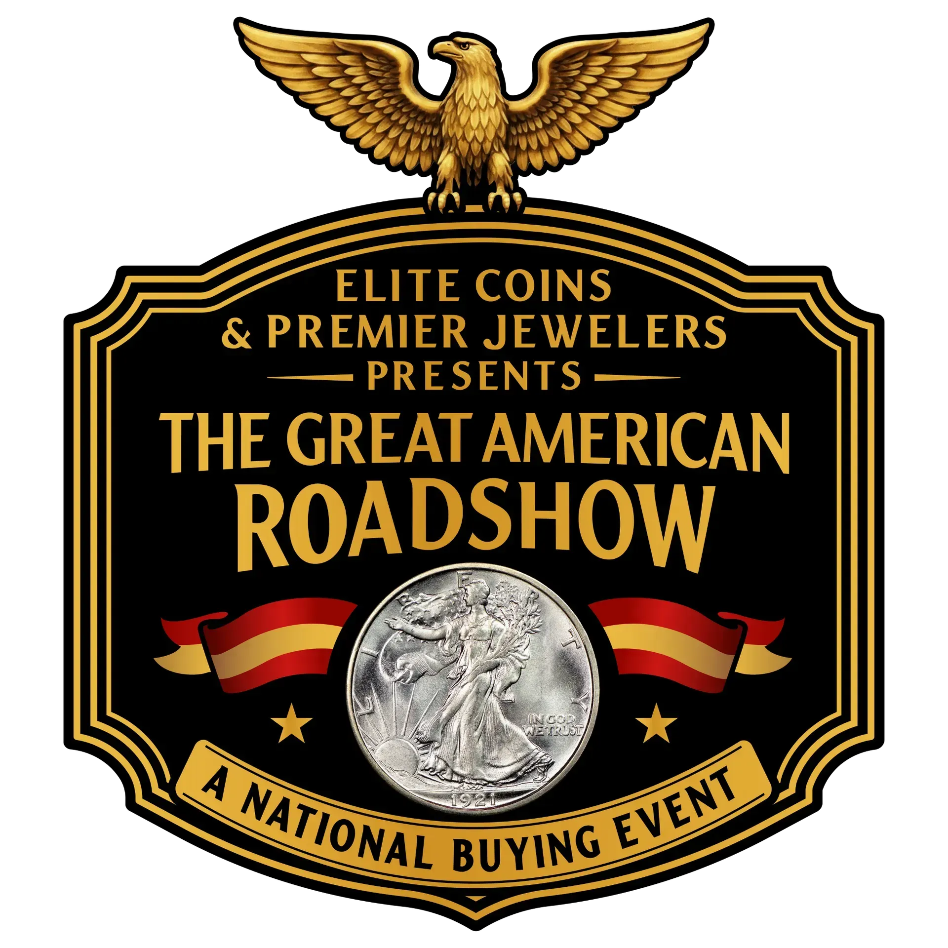 Logo for The Great American Roadshow, a national buying event by Elite Coins & Premier Jewelers, featuring a gold eagle.