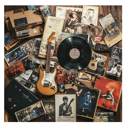 A tan electric guitar and a black vinyl record resting on a collection of scattered vintage music photographs and covers.