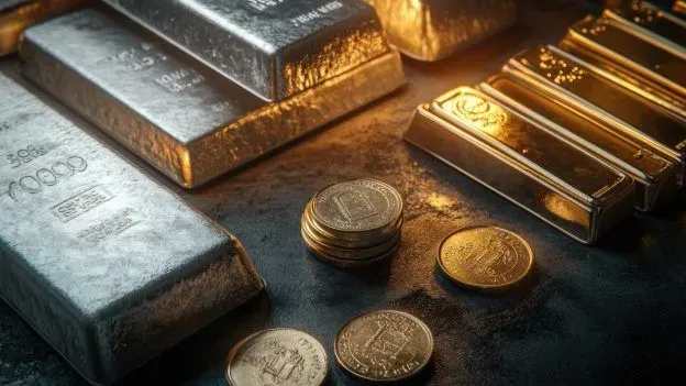 Silver and gold bars stacked on a dark surface, accompanied by a small pile and individual gold coins.