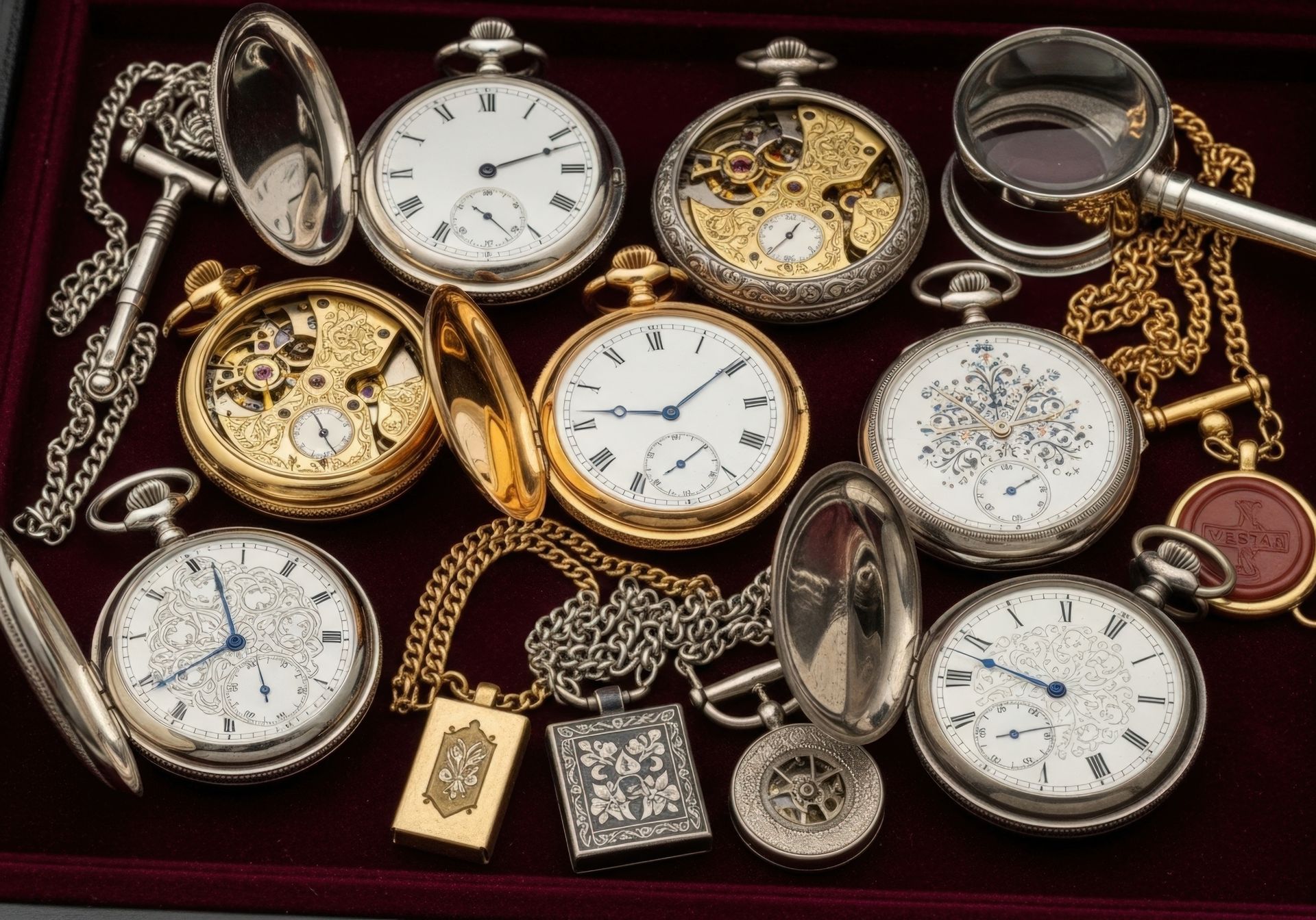 A collection of antique pocket watches on a red velvet cloth