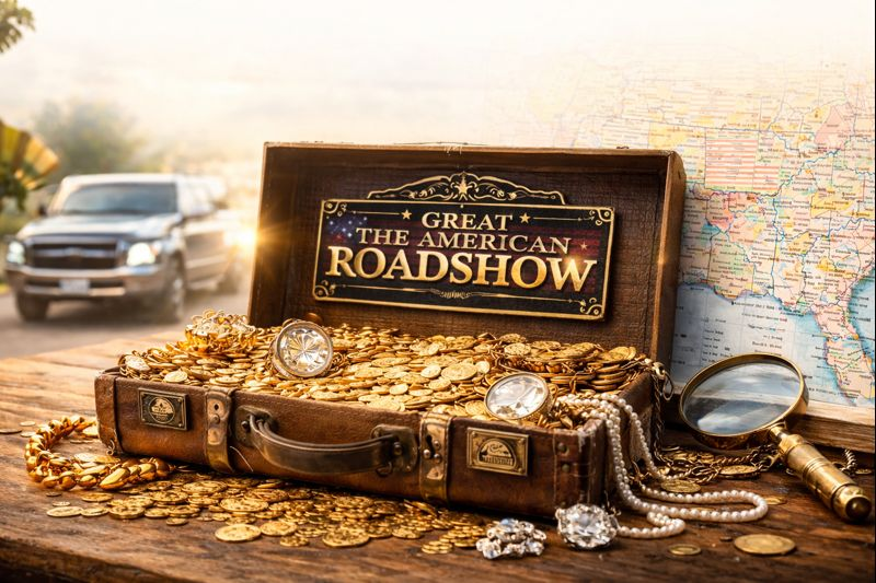 Suitcase overflowing with gold, jewels; 