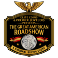 Logo for The Great American Roadshow featuring a gold eagle, black shield, and silver American eagle coin.