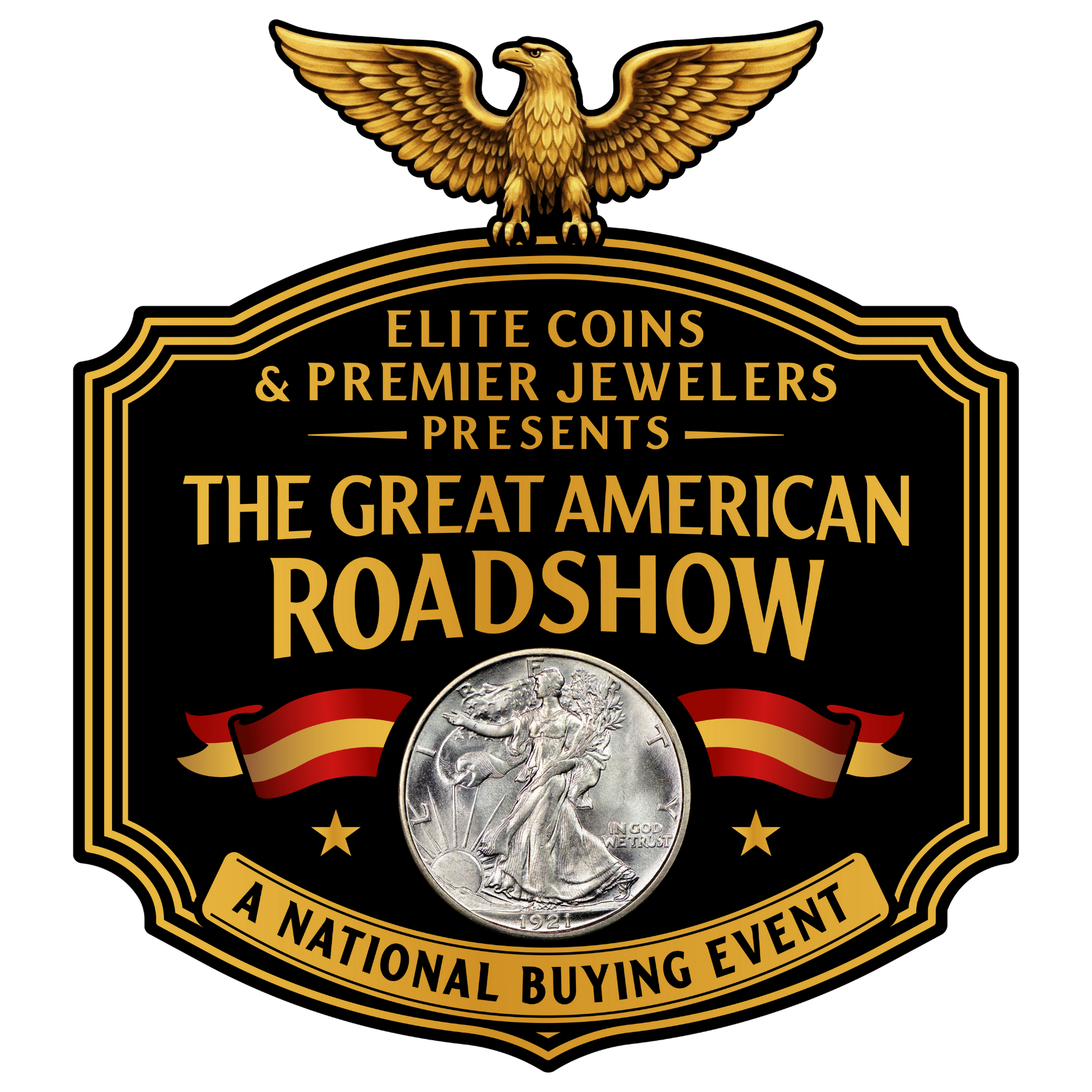Logo for The Great American Roadshow featuring a gold eagle, black shield, and silver American eagle coin.