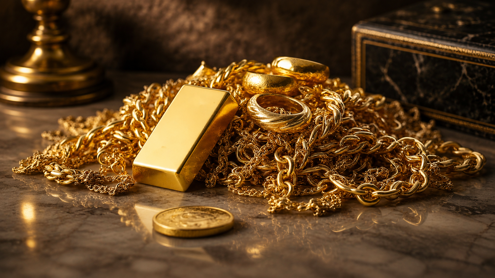 Stacks of gold coins and silver bars sit on a reflective dark surface, illuminated by a warm, soft light.