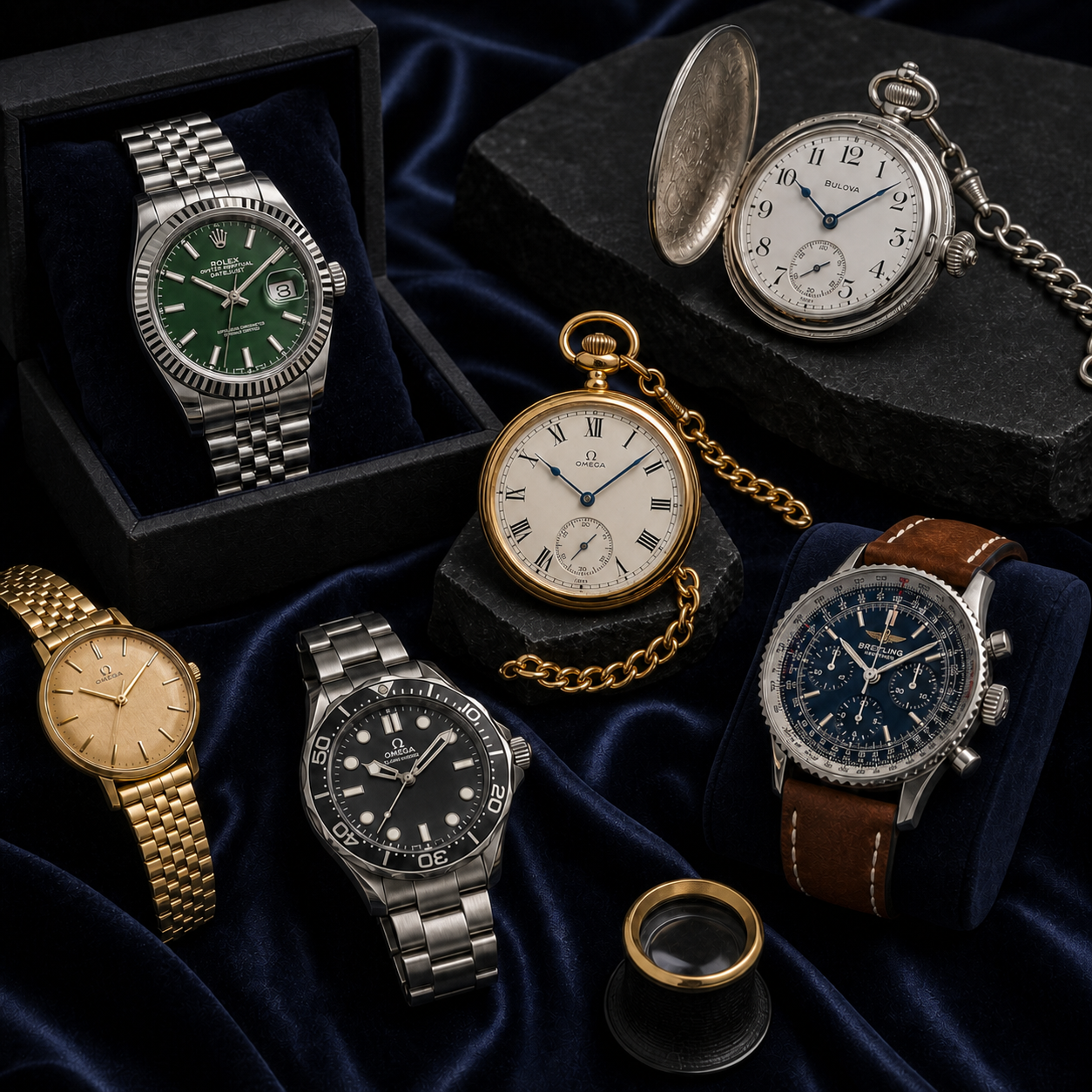 A dark wooden watch case holding several wristwatches with various dials, bezels, and bracelets.