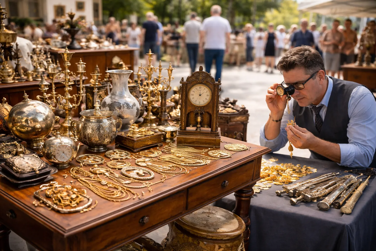 A jeweler examines a gold piece with a loupe at an outdoor market table filled with antique items and collectibles.