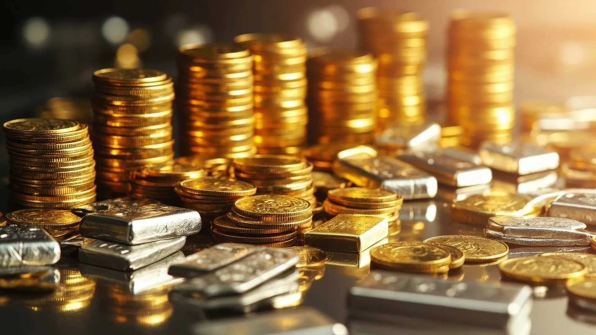 Stacks of gold coins and silver bars sit on a reflective dark surface, illuminated by a warm, soft light.