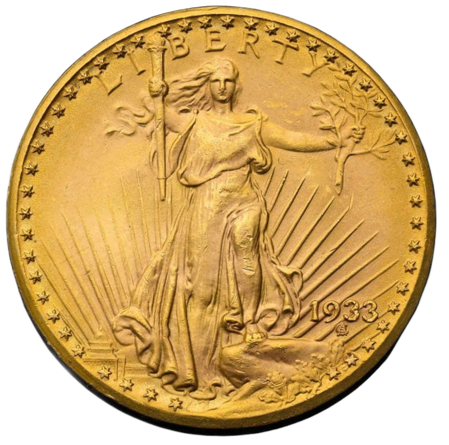 A 1933 Saint-Gaudens double eagle gold coin featuring Lady Liberty walking forward holding a torch and olive branch.