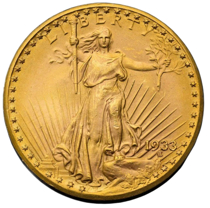 A 1933 Saint-Gaudens double eagle gold coin featuring Lady Liberty walking forward holding a torch and olive branch.