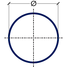 Blauwe cirkel met diametersymbool en gestippelde middellijnen, die een dwarsdoorsnede voorstellen.