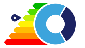 Energiezuinig logo met een kleurrijke beoordelingsschaal en een gedeeltelijk blauwe cirkel met een locatieaanduiding.