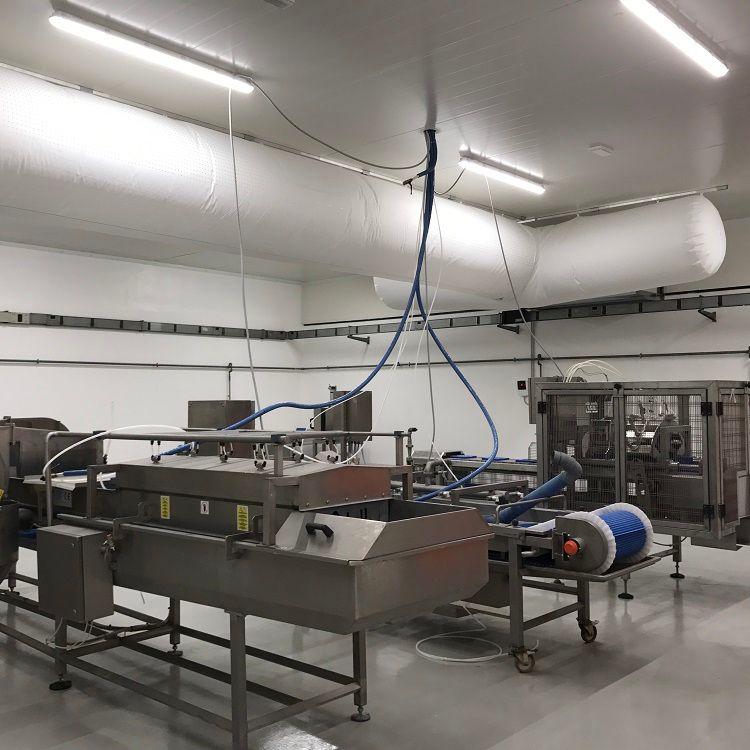 Industriële voedselverwerkingsapparatuur in een schone, witgekalkte ruimte met een hangend luchtverdeelsysteem van airsocks en luchtverdeelkanalen.