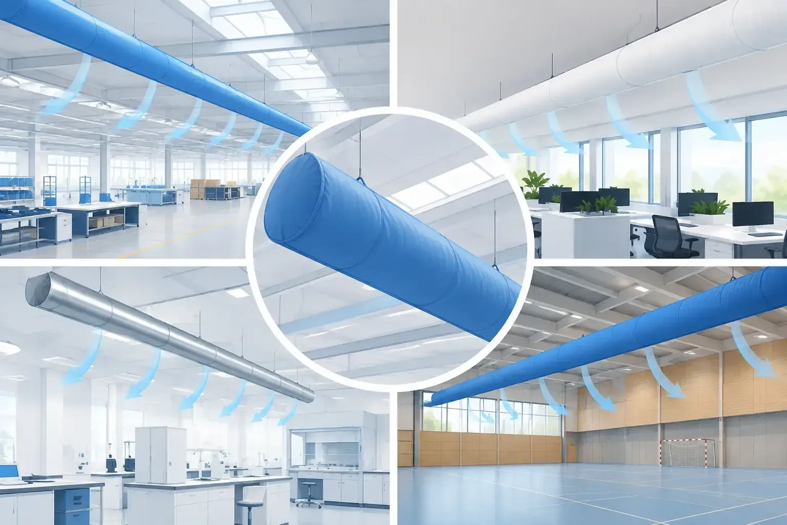 Modern office interior with blue accent strip lights and a magnified view of a blue floor/ceiling panel