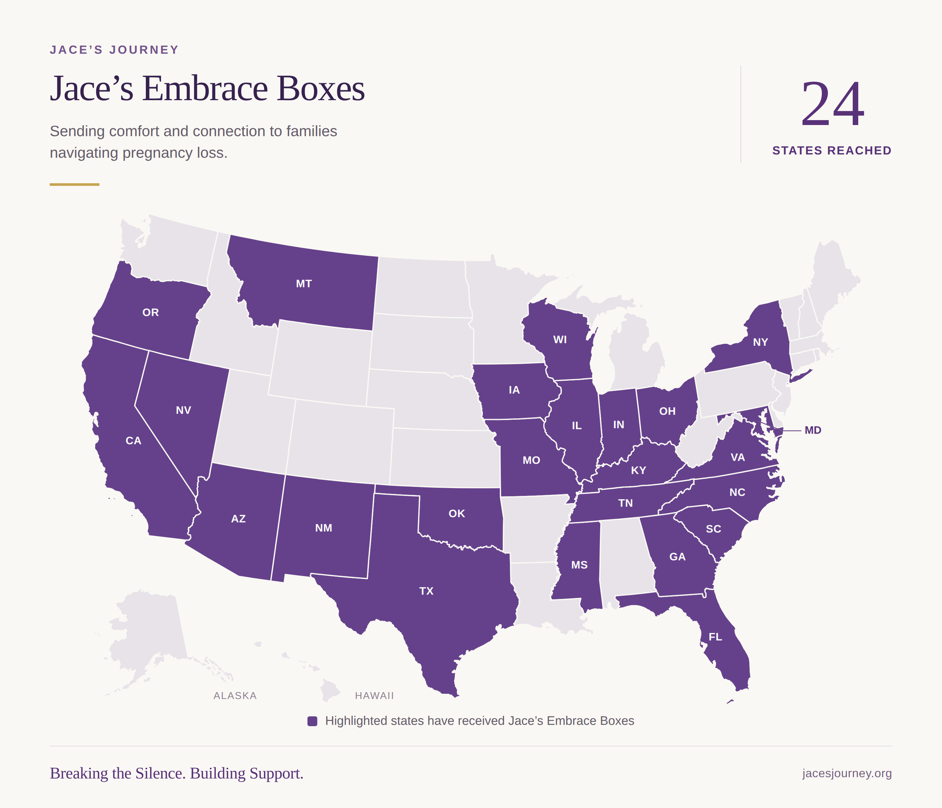 Map showing the 24 states reached by Jace’s Embrace Boxes: Arizona, California, Florida, Georgia, Illinois, Indiana, Iowa, Kentucky, Maryland, Mississippi, Missouri, Montana, Nevada, New Mexico, New York, North Carolina, Ohio, Oklahoma, Oregon, South Carolina, Tennessee, Texas, Virginia, and Wisconsin.