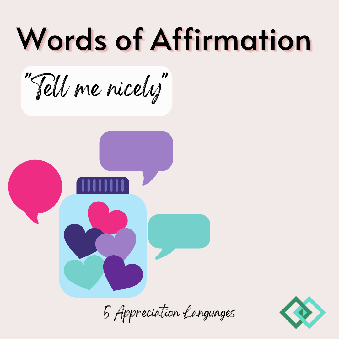 Image shows a jar full of hearts, with speech bubbles around the jar. Text: 'Words of Affirmation' and 