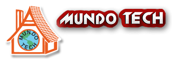 Logotipo de una casa naranja con una insignia circular de “Mundo Tech” y el texto “MUNDO TECH” en negrita, en negro y rojo, sobre fondo blanco.