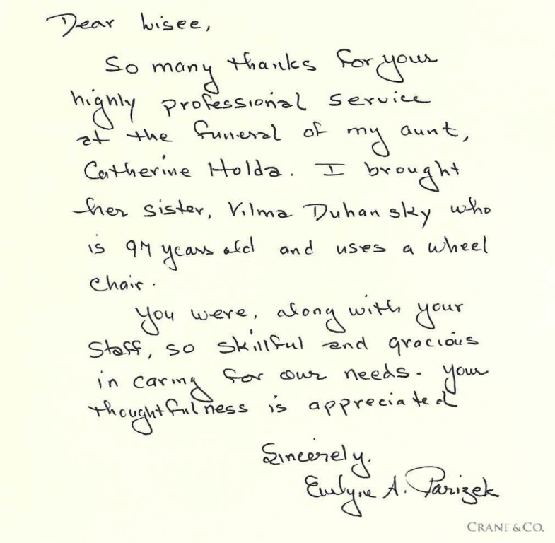 letter review sent to funeral home