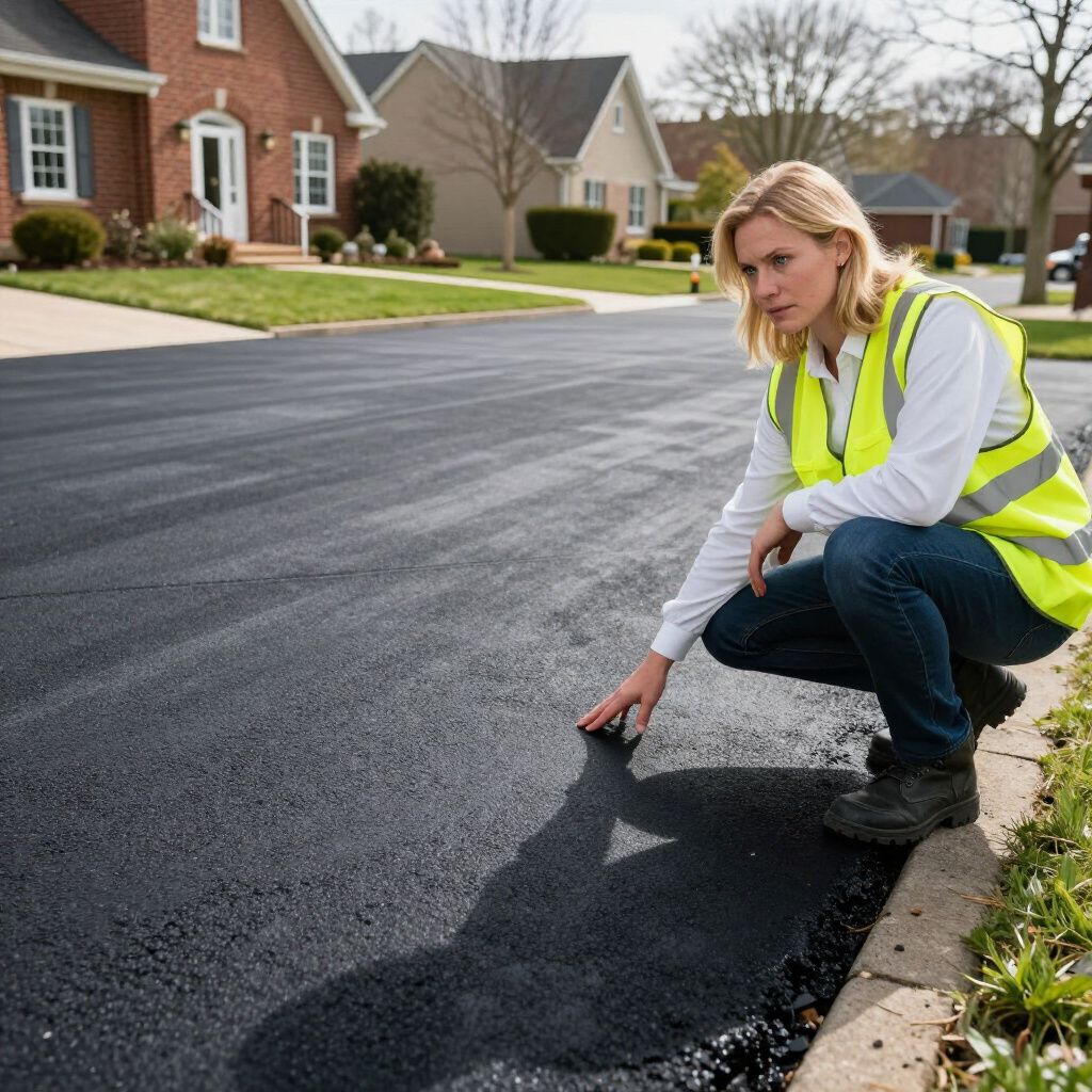 Woman in safety vest inspects freshly paved asphalt road in a residential neighborhood.