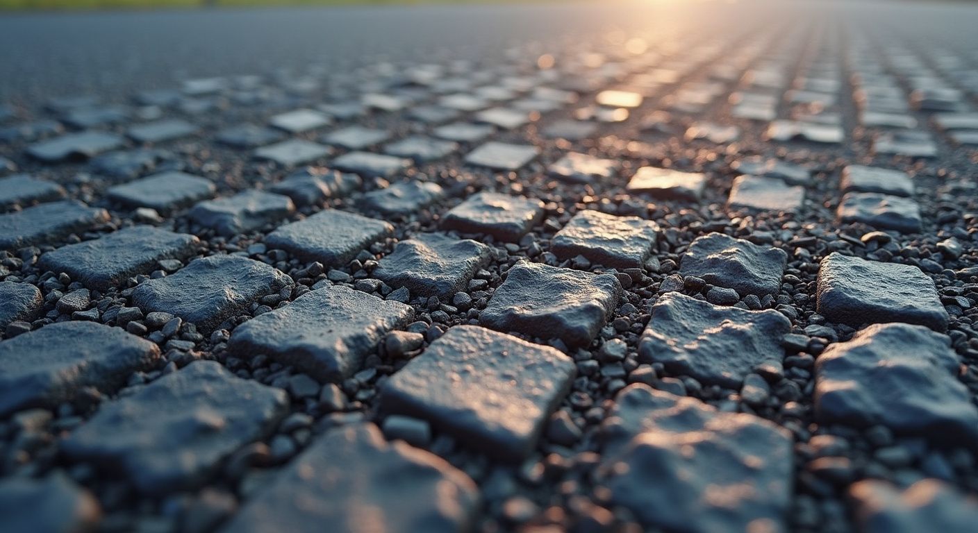 Close-up of cobblestone street reflecting sunlight; textured, dark gray stones.