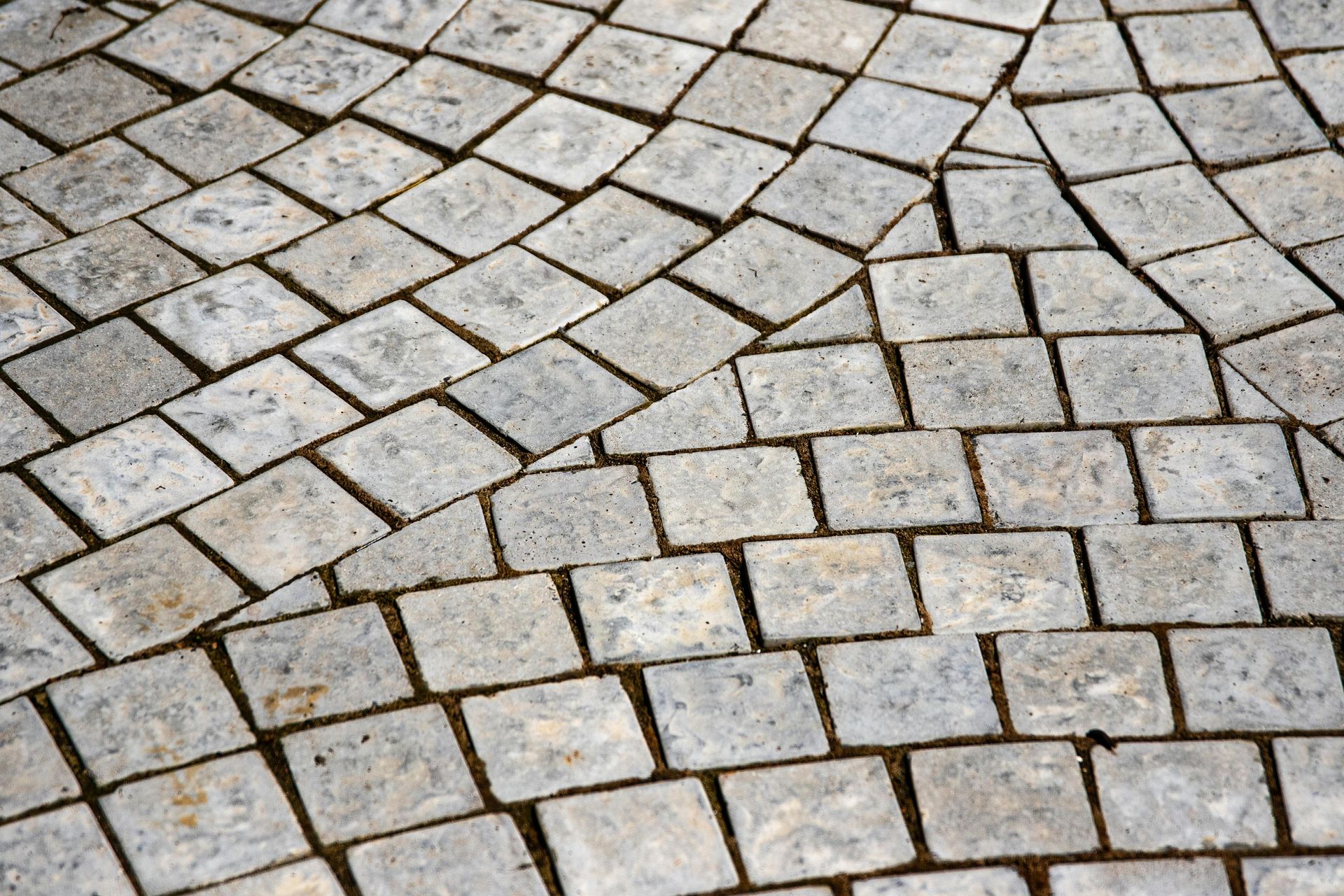 Gray cobblestone pathway with diamond-shaped blocks arranged in a curved pattern.