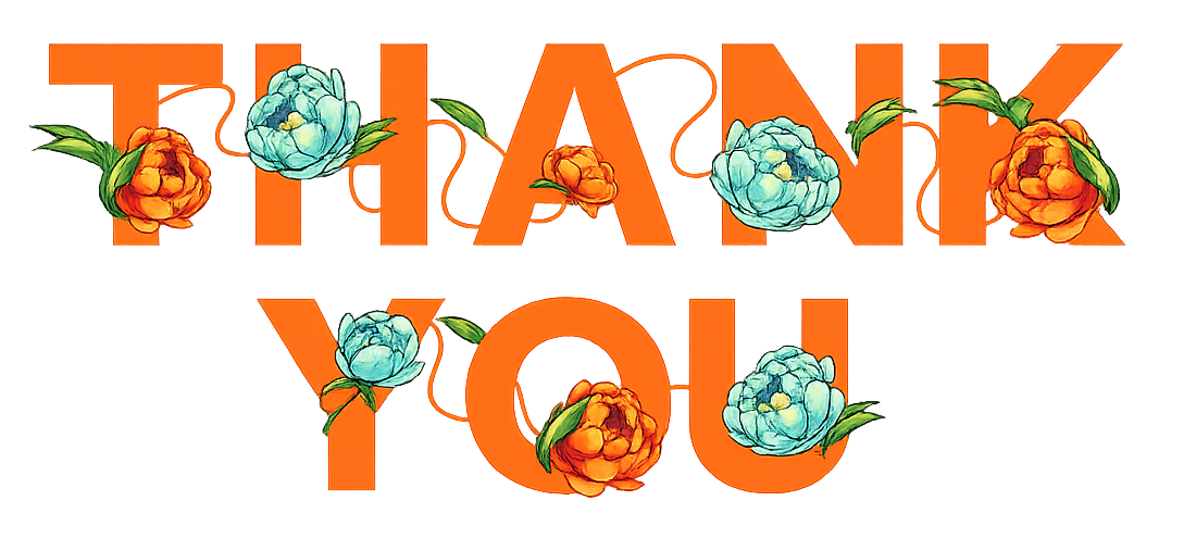 Orange โTHANK YOUโ text decorated with blue roses on a white background