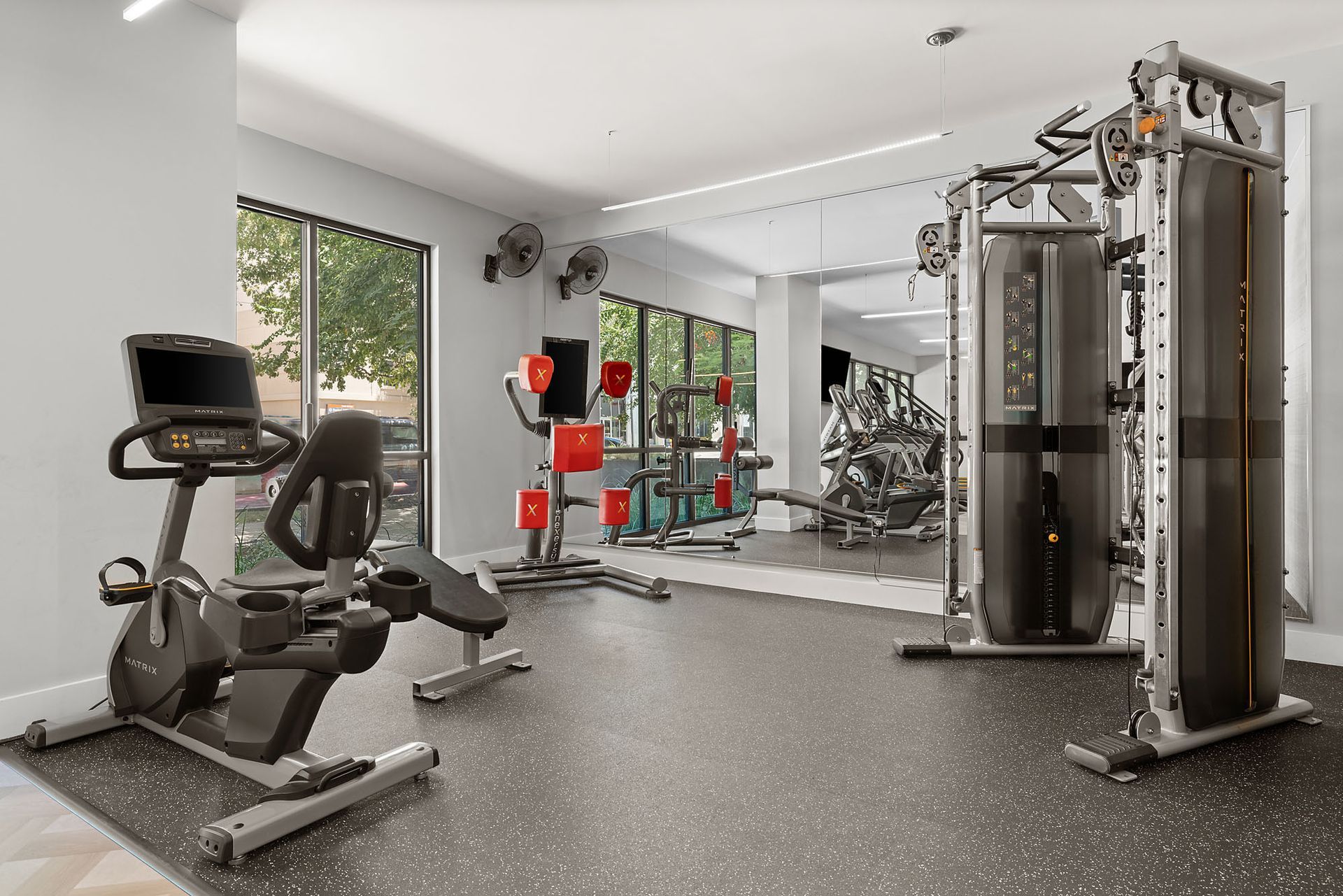 Bright modern gym with cardio machines, weight equipment, and large windows