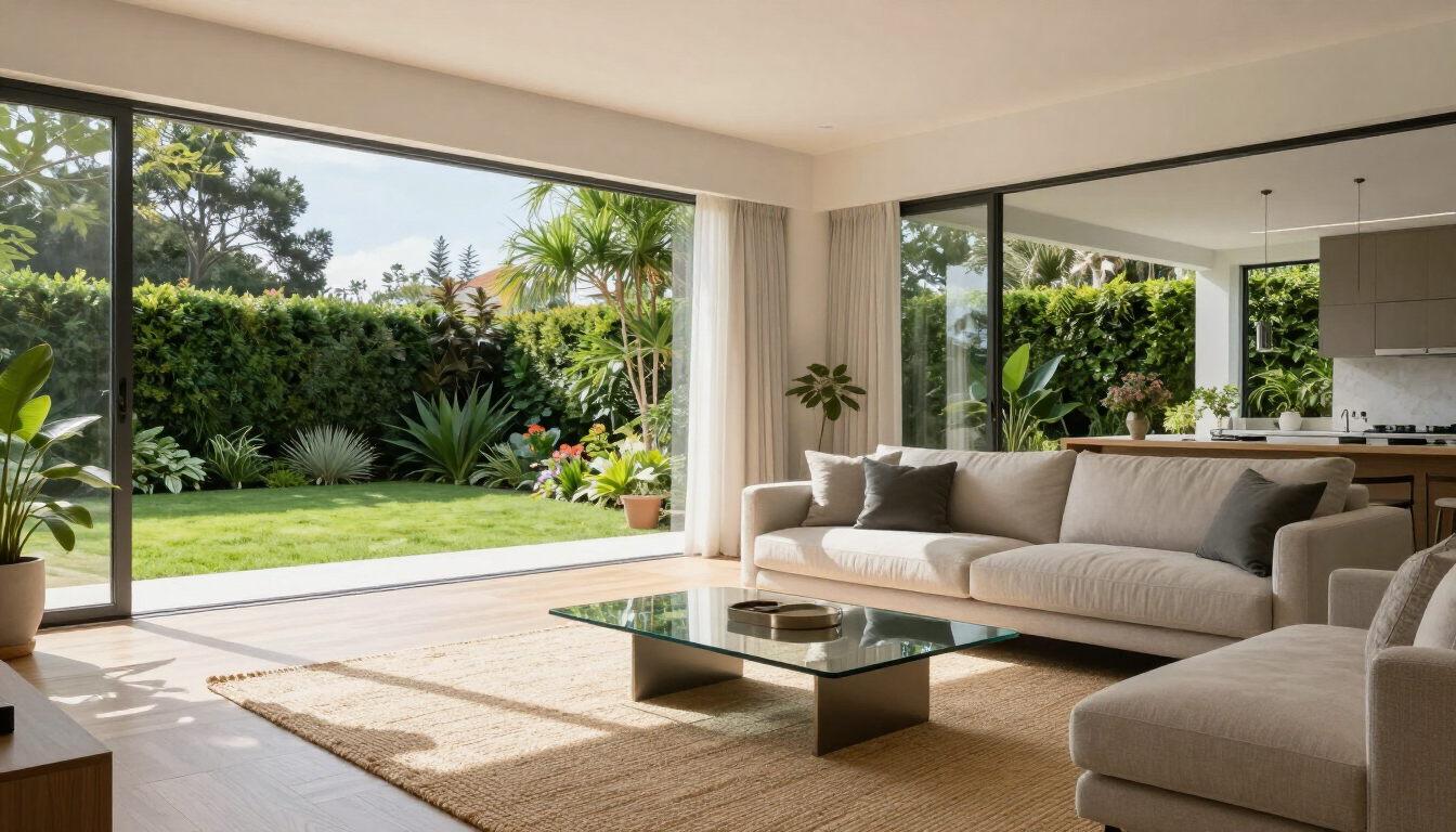 Sala integrada com vista verde