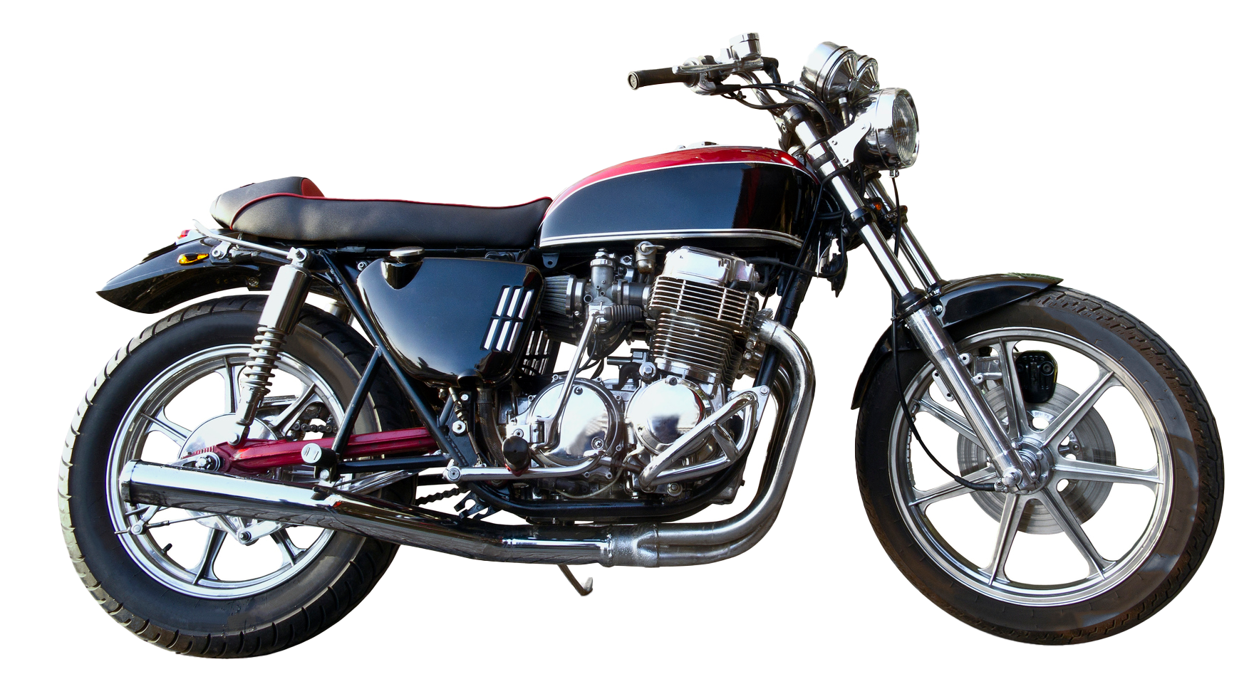 A black motorcycle is parked on a white background. A black and red motorcycle is parked on a white background.