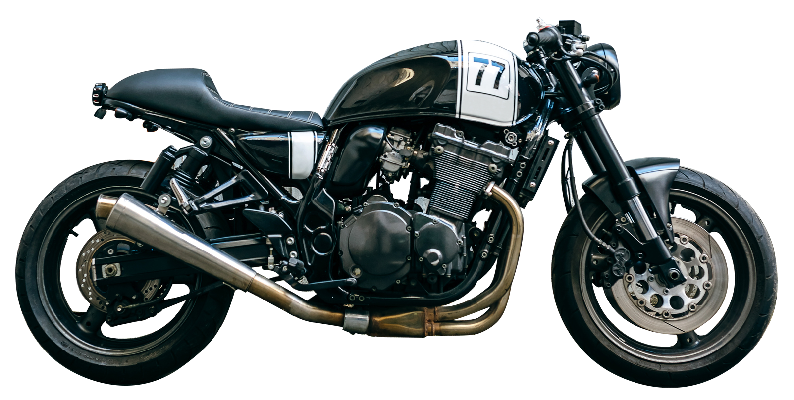 A black motorcycle is parked on a white background. A black motorcycle is parked on a white background.