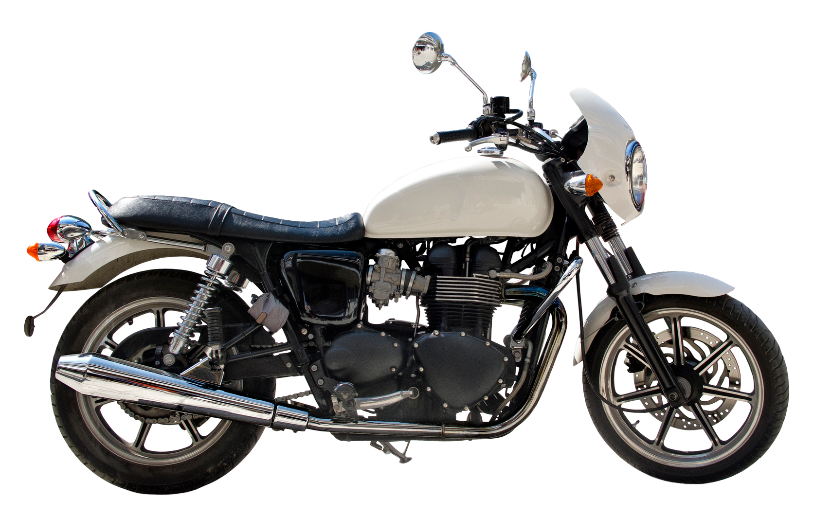 A white motorcycle with a black seat is on a white background. A white motorcycle with a black seat is on a white background.