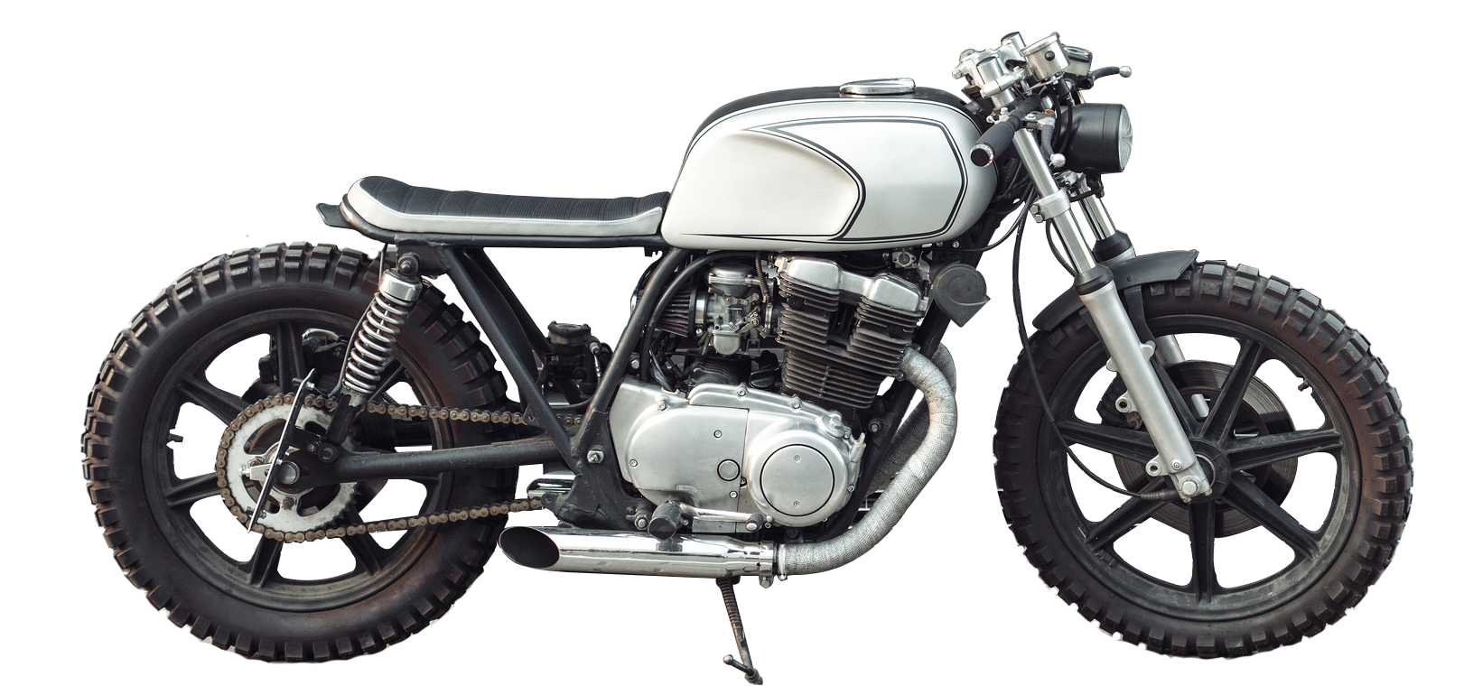 A white and black motorcycle is parked on a white background. A white and black motorcycle is parked on a white background.