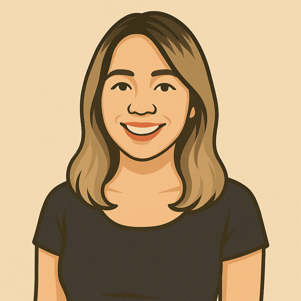 A pixel art portrait of a smiling woman wearing a black shirt.