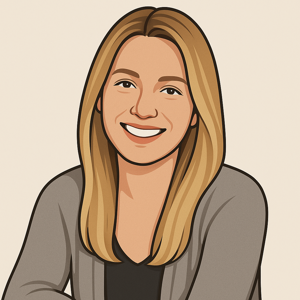 A pixel art portrait of a smiling woman with long blonde hair.