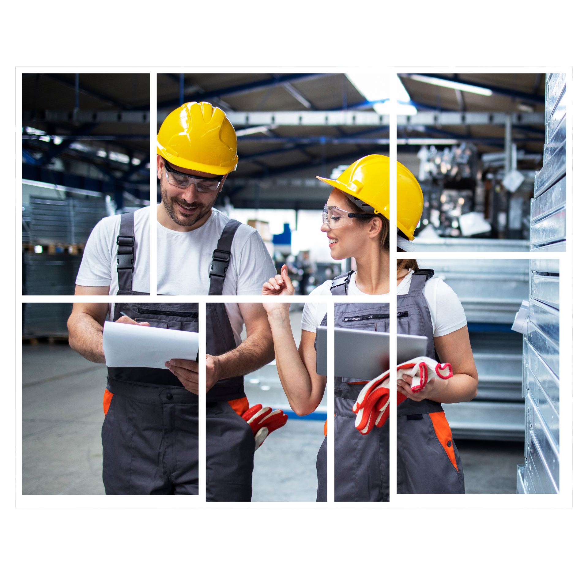 A man and a woman are working in a factory and looking at a tablet.