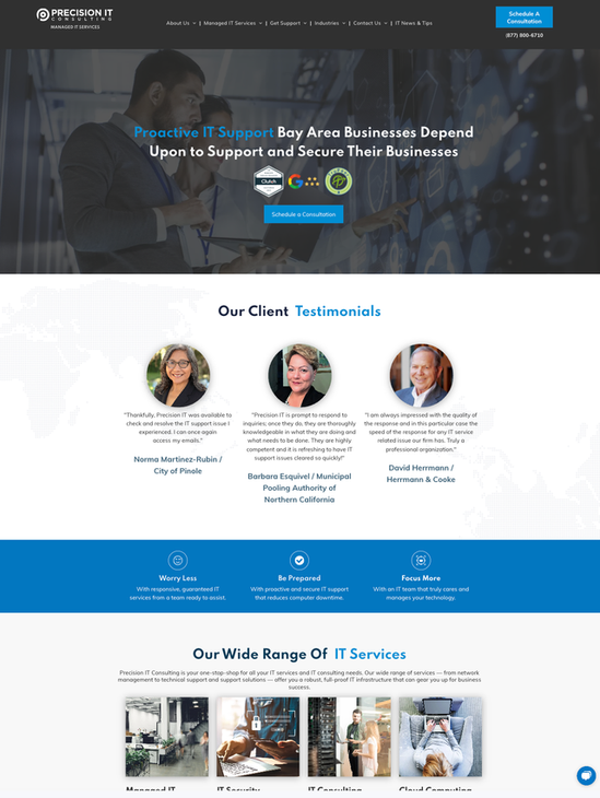 A screenshot of the homepage of a website for Precision IT Consutling