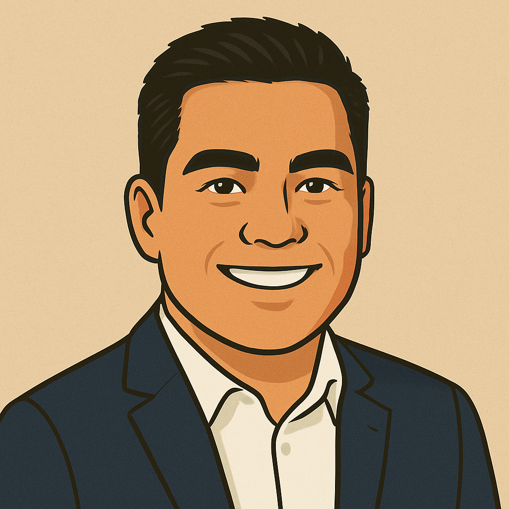 A cartoon drawing of a man wearing a suit and smiling